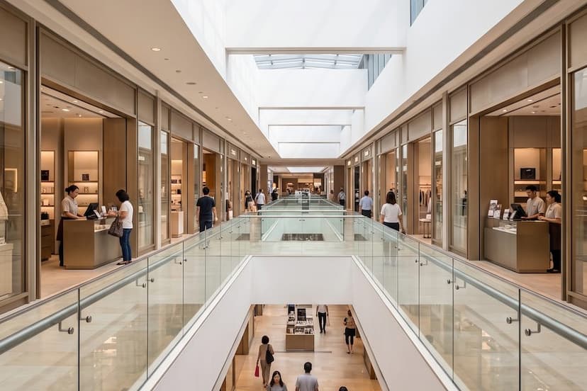 A Singapore mall walkway lined with chain storefronts