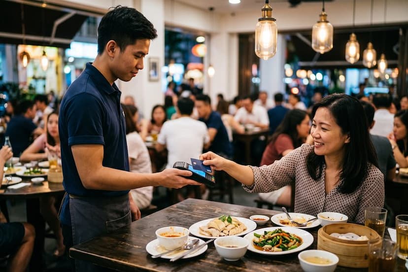 A guest paying by card at a Singapore restaurant table