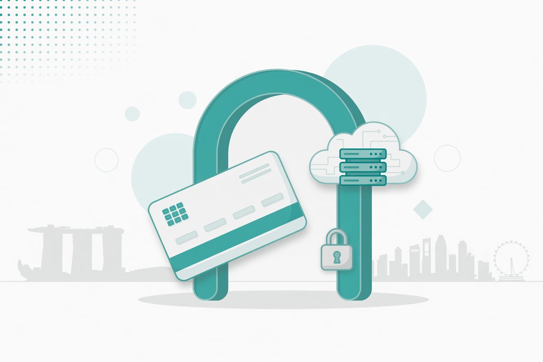 Payment gateway in Singapore — a card passing through a secure gateway arch into a cloud server, with a faint Marina Bay skyline