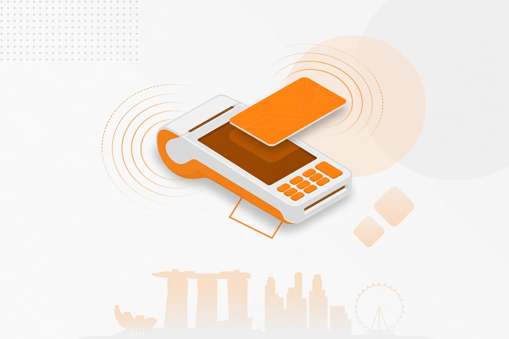 Card payment terminal in Singapore — a handheld POS device with a contactless card tap and NFC waves