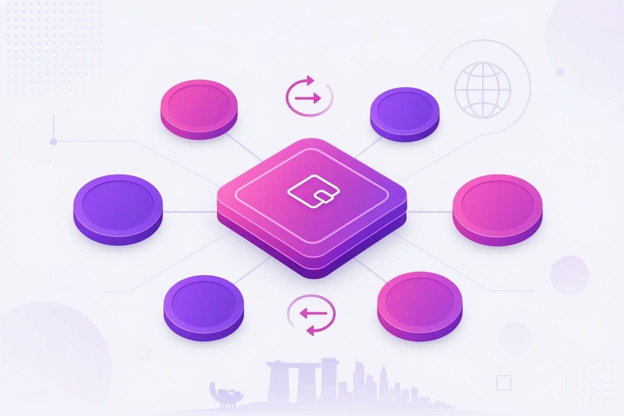 A central account hub with coin discs and exchange arrows around a globe — a multi-currency business account 