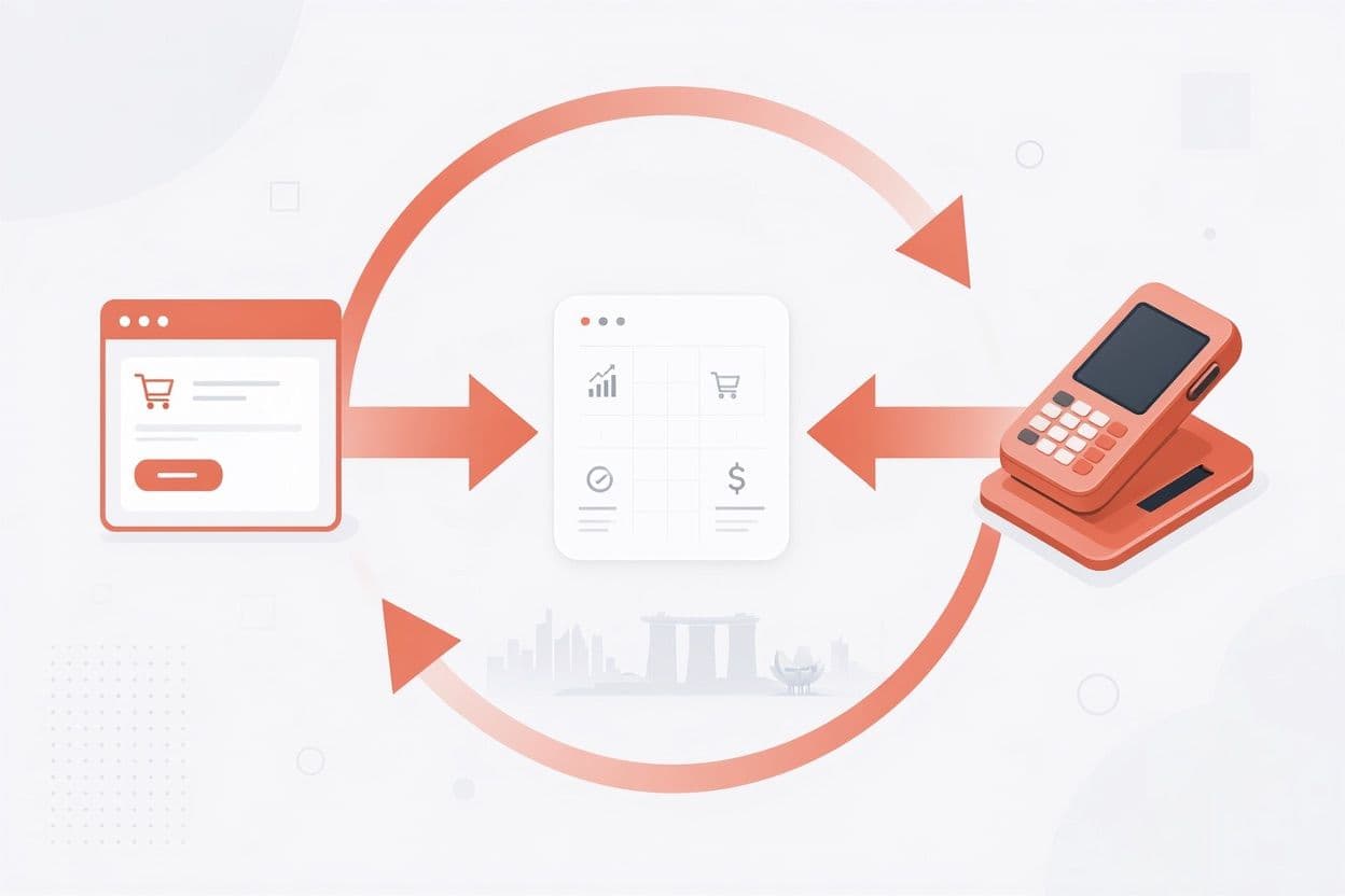 An online checkout window and an in-store POS terminal connected to one dashboard — unified online and in-store payments