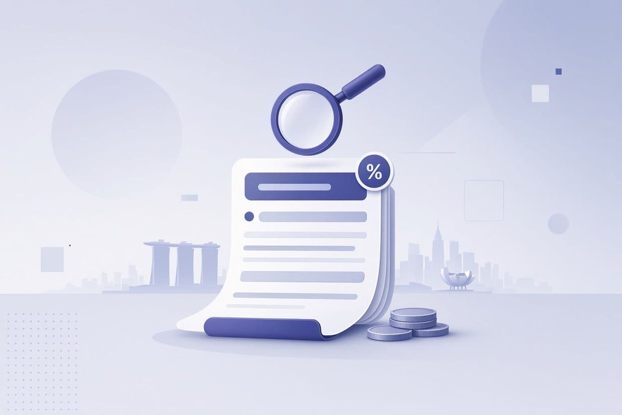 Illustration of payment processing fees broken down on a receipt, with a magnifying glass and percentage badge over a faint Singapore skyline 
