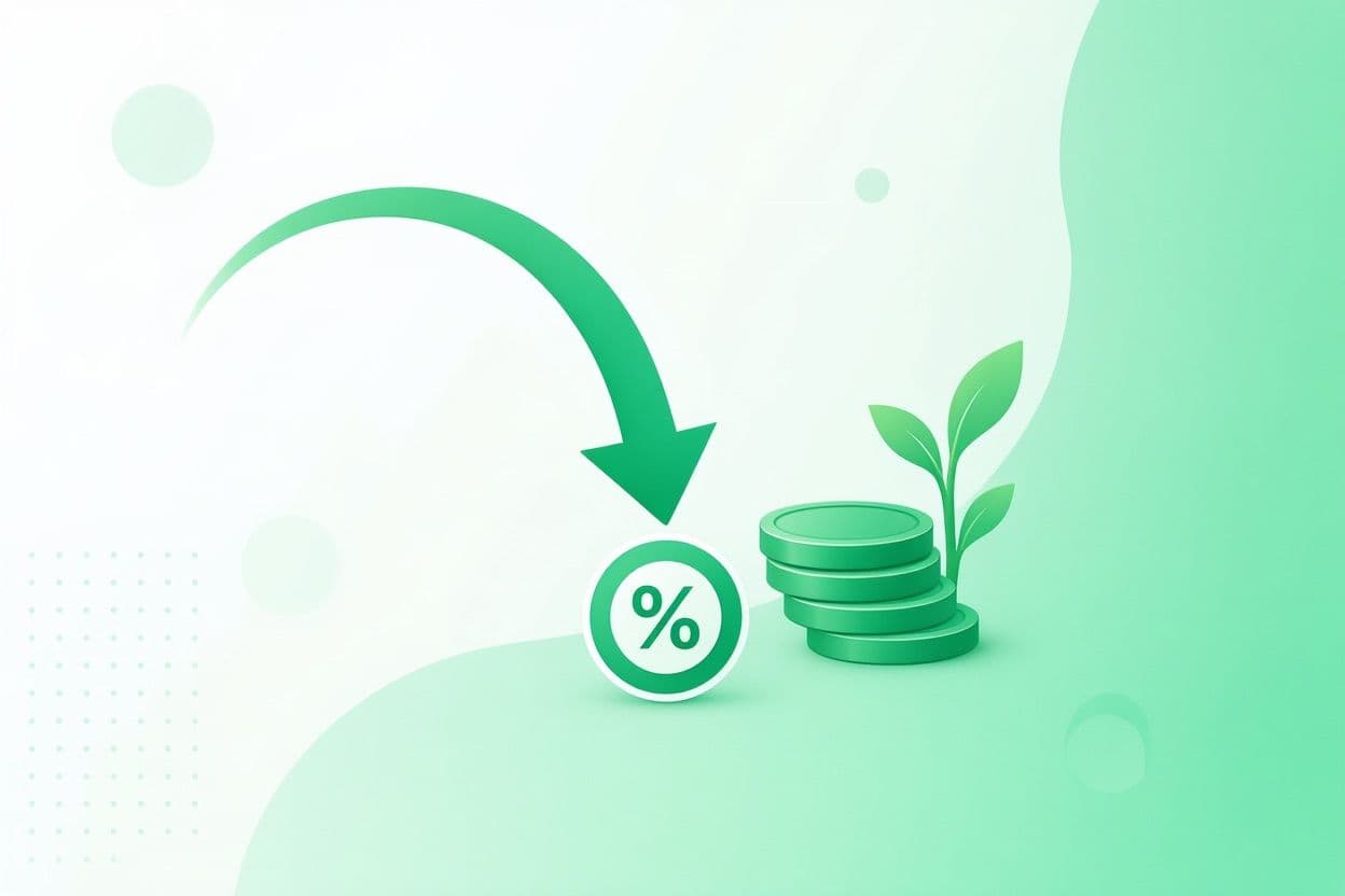 A downward arrow and shrinking percentage badge over a coin stack with a growth sprout — reducing payment fees for SMEs