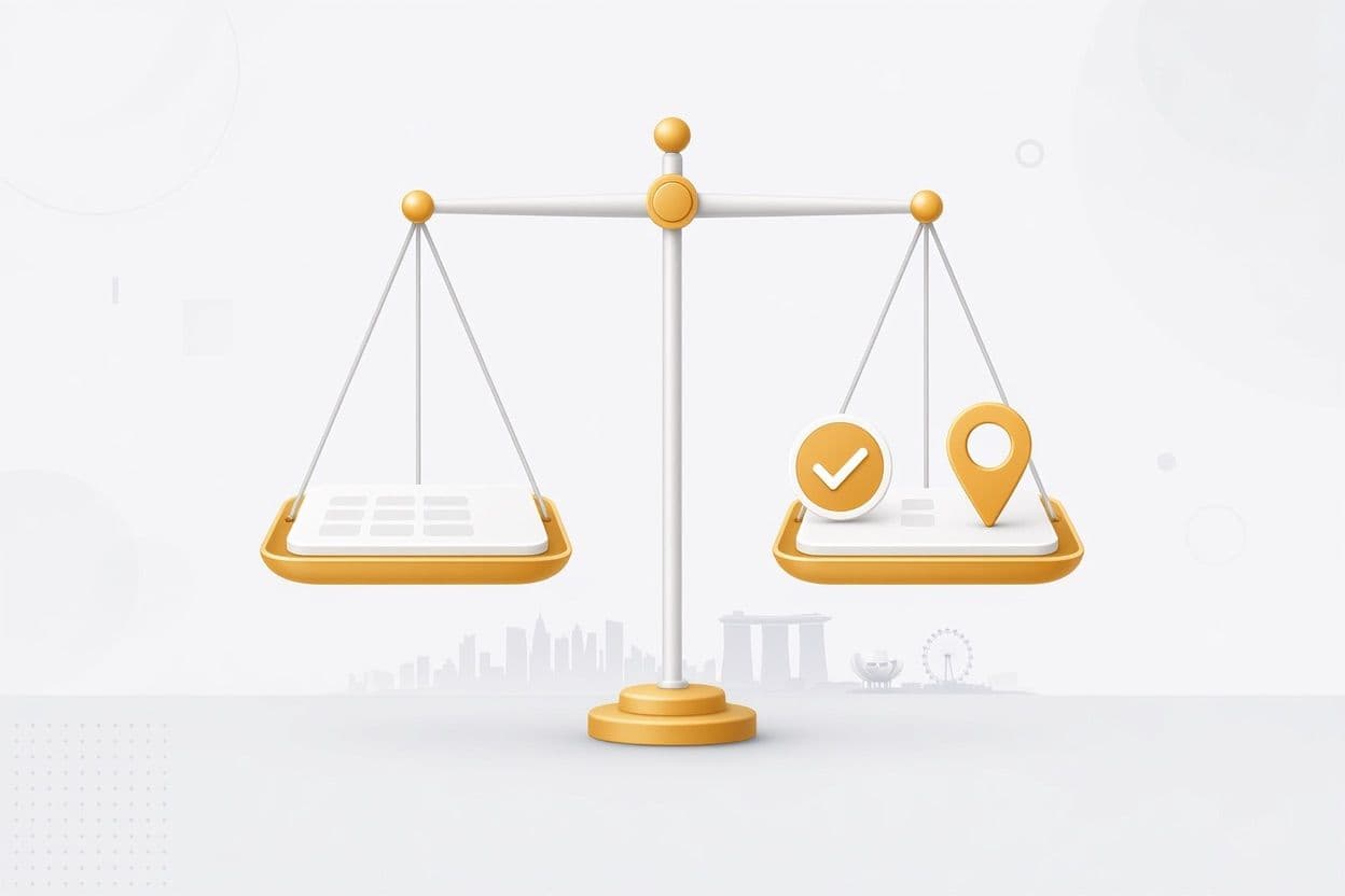 Weighing scales comparing two payment platforms with a checkmark and location pin — choosing a Stripe alternative in Singapore